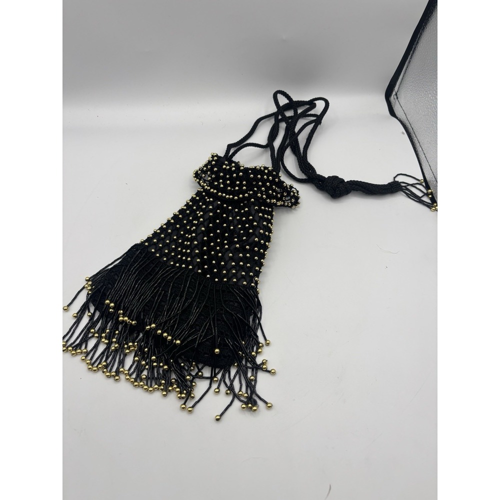 Dicrochet Vintage Black Beaded Drawstring Evening Bag 20s Vibe Black Gold